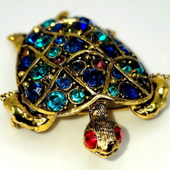 Vintage 1950s Signed Hollycraft Blue Red AB Rhinestones Sea Turtle
